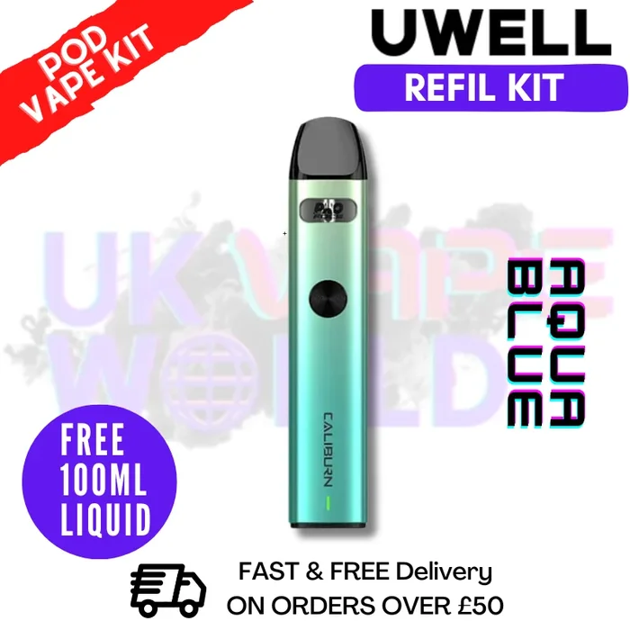 Aqua Blue Uwell Caliburn A2 Pod Kit + Free 100ML E Liquid