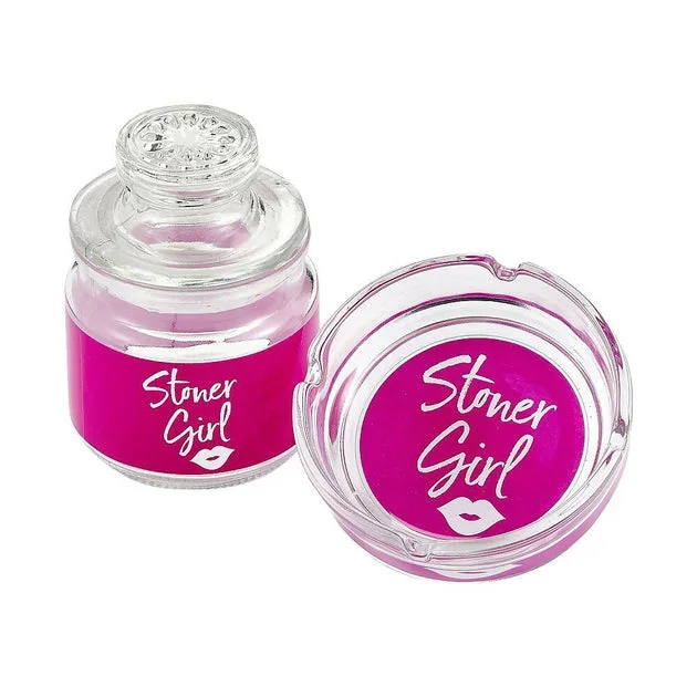 ASHTRAY AND STASH JAR SET – PINK STONER GIRL DESIGN