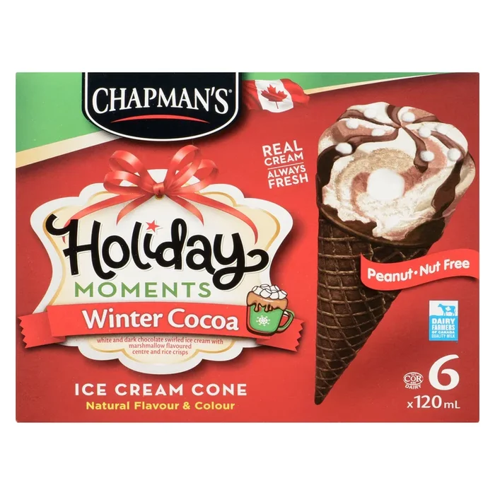 Chapman’s Holiday Moments Winter Cocoa Ice Cream Cones, 6 Pack, 120-ml