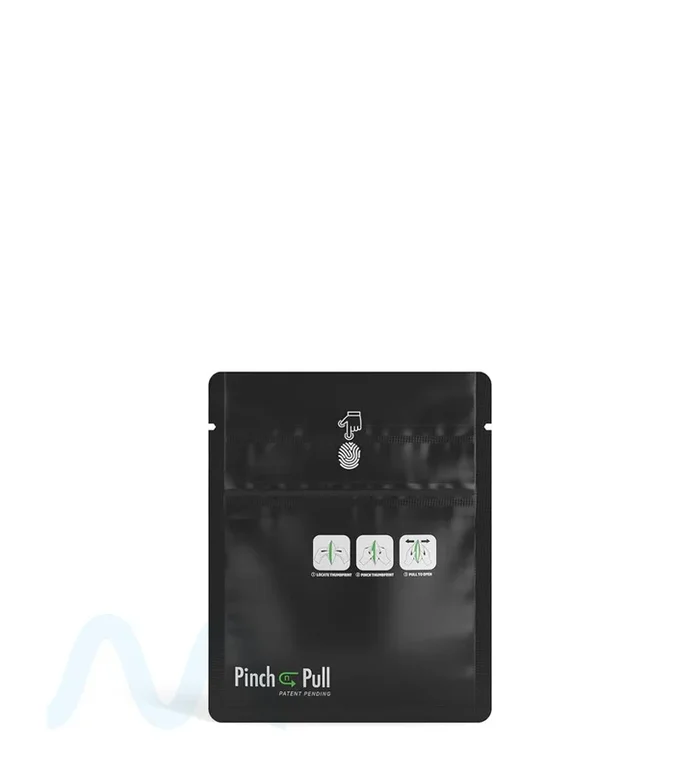 Child Resistant & Tamper Evident | Pinch N Pull Matte Black Vista PCR Mylar Bags | 3.6in x 4.5in – 1g – 250 Count