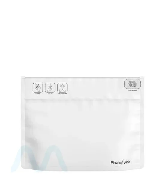 Child Resistant | Pinch N Slide ASTM Matte White PCR Mylar Exit Bags | 12in x 9in – 56g – 250 Count