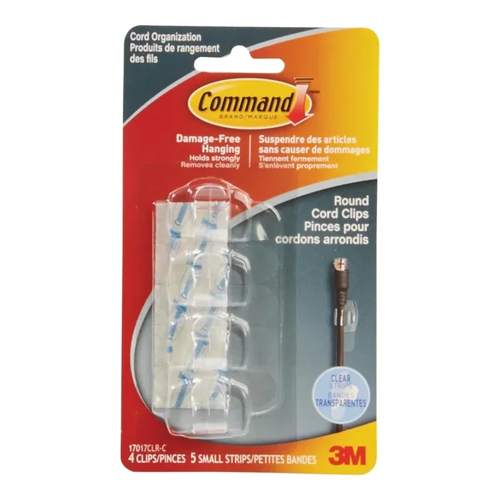 Command Round Cord Clips, Clear, 4-Pack