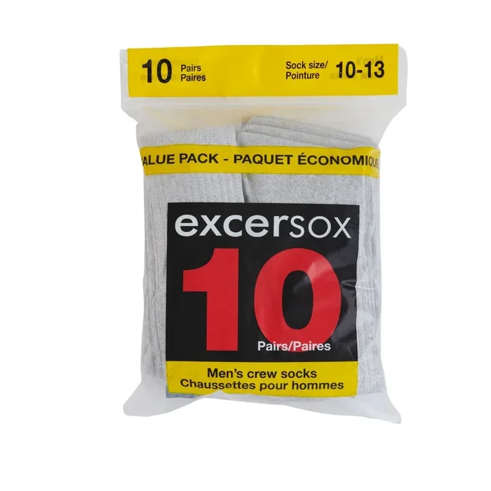 Excersox Men’s Crew Socks, Grey, 10 Pack