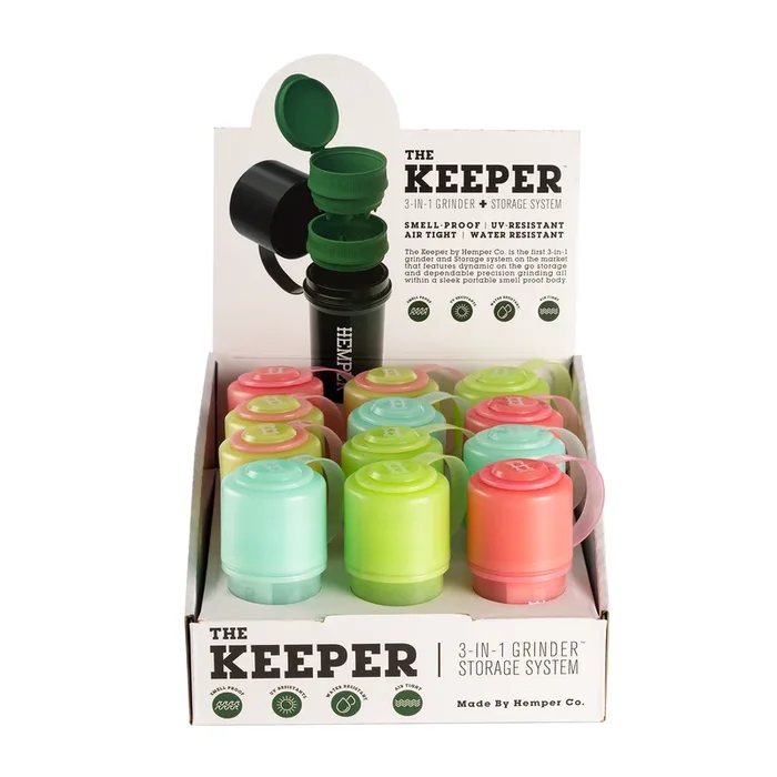 Hemper – The Keeper 3-in-1 Grinder + Storage Container Glow In The Dark Color Display – 12 Count